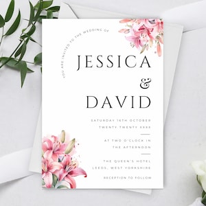 May include: Wedding invitation with pink floral accents. The invitation reads "You are invited to the wedding of Jessica & David, Saturday 16th October Twenty Twenty XXXX, at two o'clock in the afternoon, The Queen's Hotel, Leeds, West Yorkshire, Reception to follow."