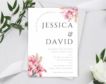 Pink Lily Wedding Invitation Template, Printable Pink Lillies Wedding Invite, Romantic Pink Invitation Download, Editable Invite, LW214