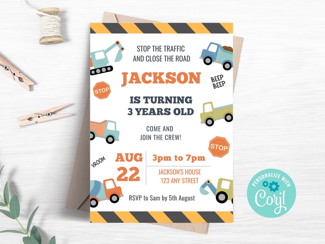 Construction Birthday Party Invitation Dumper Truck Invite Editable ...