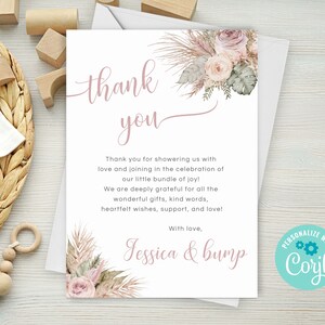 Carte de remerciement modifiable pour baby shower d'herbe de la pampa, carte de remerciements Boho Baby Shower, modèle floral pour bébé Boho PM01
