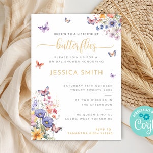 Lifetime of Butterflies Brautparty-Einladung, druckbare Schmetterlings-Wildblumen-Brautparty-Einladung, bearbeitbare florale Einladungsvorlage BU01