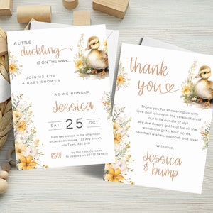 A Little Duckling Invitation & Thank You Card, Duckling On The Way Baby Shower Invite and Thanks, Neutral Baby Duck Digital Download DK01