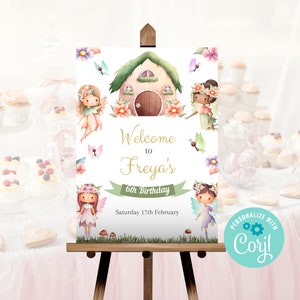 Signo de bienvenida de cumpleaños de hadas, decoración editable de fiesta de hadas, fiesta de hadas en el jardín, signo del bosque encantado, plantilla imprimible FA02