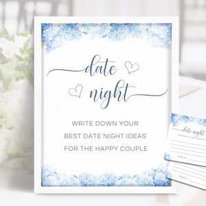 Date Night Ideas Bridal Shower Game Bundle, Blue Hydrangea Printable Sign and Cards, Editable Dusty Blue Floral Templates HB01