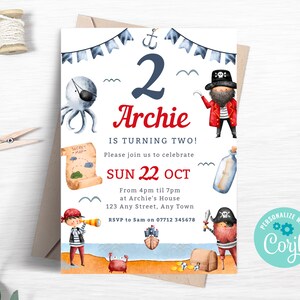 Invitación pirata de 2º cumpleaños, invitación editable a fiesta pirata, fiesta de cumpleaños temática del mar, capitán pirata Evite, plantilla de descarga instantánea PI03