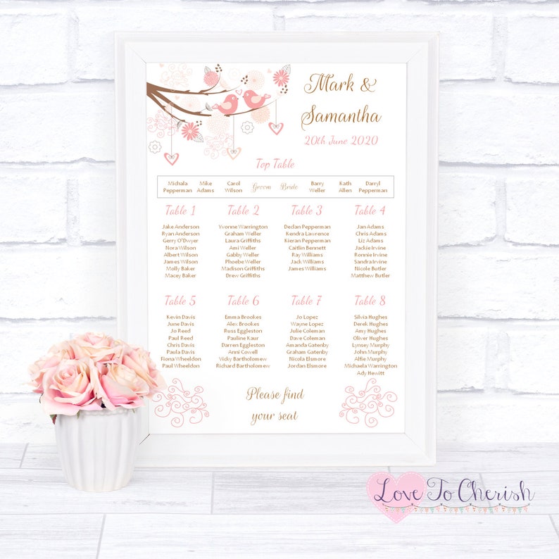 Pink Rose Petals Personalised Wedding Seating Table Plan
