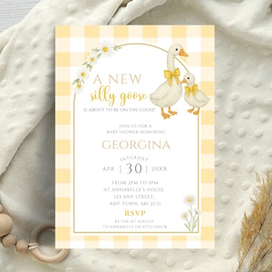 Silly Goose Baby Shower Invitation, Yellow Gingham Printable Invite, Mother Goose Baby Shower Invite, Editable Neutral Invite Template LBA27