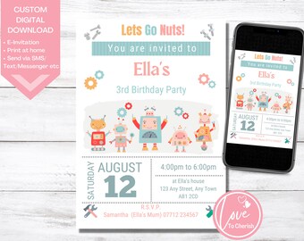 May include: A colorful birthday party invitation for a 3rd birthday party with a robot theme. The invitation features a blue, green, and orange color scheme with a robot illustration. The text on the invitation reads "Lets Go Nuts! You are invited to Ella's 3rd Birthday Party".