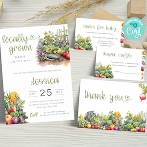 Editable Locally Grown Invitation Bundle, Farmers Market Baby Shower Invite Pack, Gender Neutral Organic Baby Invite Set LG01