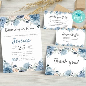 Ensemble d’invitations à la baby shower modifiable Baby Boy In Bloom, Blue Floral Baby Invite Bundle, Diaper Raffle Ticket, Livres pour bébé Télécharger BB03