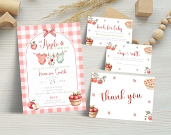 Apple Of Our Eye Baby Shower Invitation Bundle, Editable Gingham Fall Baby Shower Invite, Diaper Raffle, Books for Baby Thank You Card LBA32
