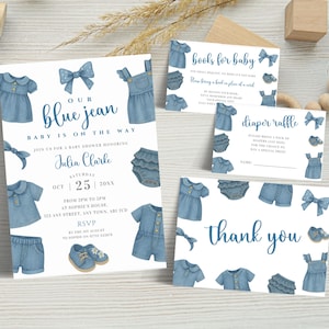 Editable Blue Jean Baby Shower Invitation Bundle, Girls Denim Theme Invite, Diaper Raffle, Books for Baby, Thank You Card, Template LBA34