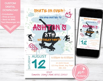 Könnte beinhalten: Eine digitale Geburtstagseinladung zum Herunterladen mit Skateboard-Motiv. Die Einladung enthält den Text "Skate on Over!" und "Ashtons 8th Birthday Party". Das Datum ist der 12. August, mit den Zeit- und Ortsangaben.