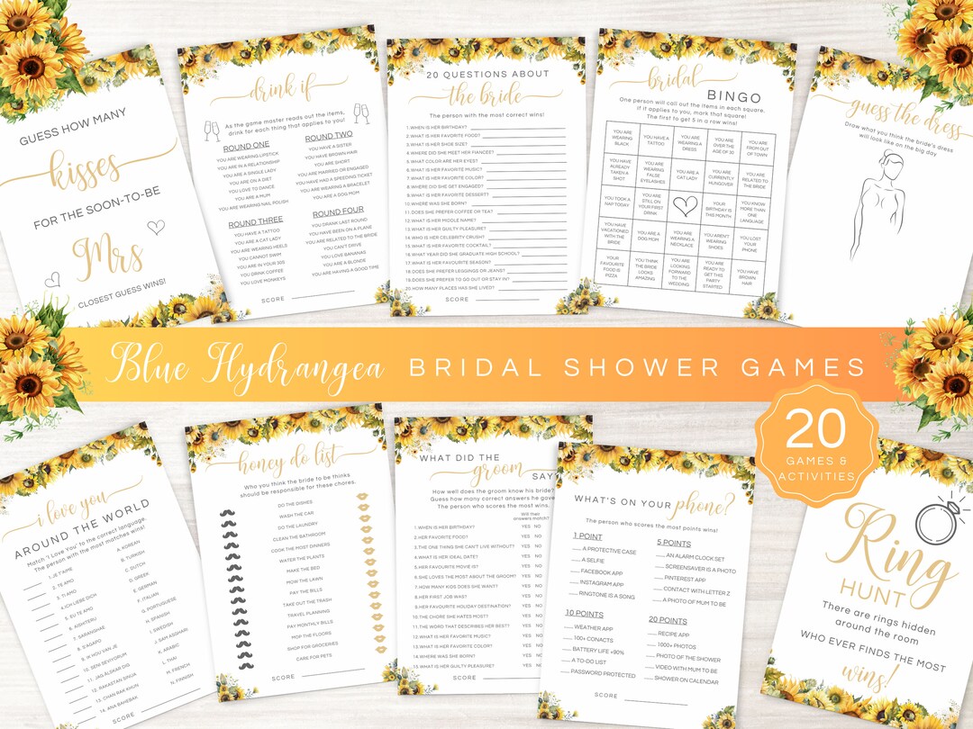 Sunflower Bridal Shower Game Bundle, Editable Sun Flower Floral Games ...