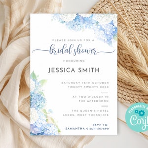Blue Hydrangea Bridal Shower Invitation, Printable Blue Floral Bridal Party Invite, Editable Bridal Brunch Invite Template HB01