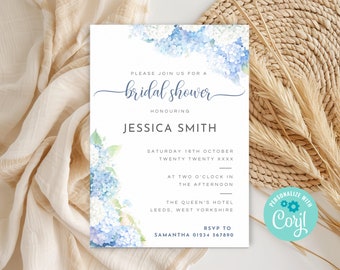 May include: A blue and white floral bridal shower invitation with the text "Please join us for a bridal shower honouring Jessica Smith" and details for the event, including the date, time, and location. The invitation is decorated with a watercolour illustration of hydrangeas.