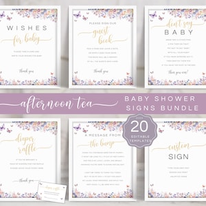 Schmetterlinge Baby Shower Signs Bundle, editierbares Schmetterlings-Gästebuch-Zeichen, editierbare Karten & Geschenke Zeichen, druckbares benutzerdefiniertes Zeichen BU02
