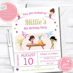 Personalised Gymnastics Girls Party Invitations, Gymnastic Birthday Invites, PRINTED with or without envelopes, Girl Gym Themed Party Invite