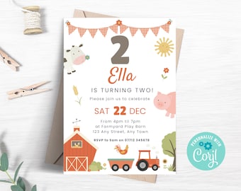 Farm 2nd Birthday Invitation, Barnyard Party Invite, Editable Barn Animals Birthday, Farm Ranch Evite, Instant Download Template FM02