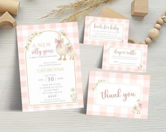 Silly Goose baby shower uitnodigingsbundel, roze meisje moeder de gans uitnodigen, luierloterij, boeken voor baby, bedankkaartsjabloon LBA25