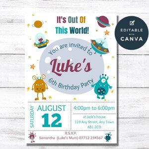 Alien Invitation, Space Birthday Editable Party Invitation, Printable Out Of This World Party, UFO Invites, Instant Download, Template