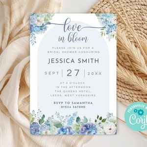 Dusty Blue Love In Bloom Bridal Shower Invitation, Printable Floral Bridal Party Invite, Editable Bridal Brunch Invite Template DB01