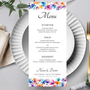 Plantilla de menú de boda floral brillante, menú de cena de flores de colores imprimible, descarga de menú de boda, menú de evento editable LW06