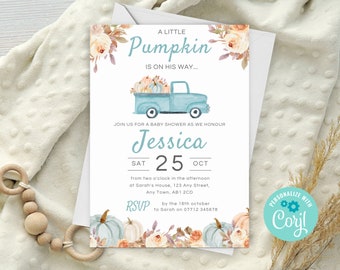 Editable Little Pumpkin Boy Baby Shower Invitation, Rustic Baby Shower Invite, Boy Blue Truck Baby Shower, Instant Download Template BP05