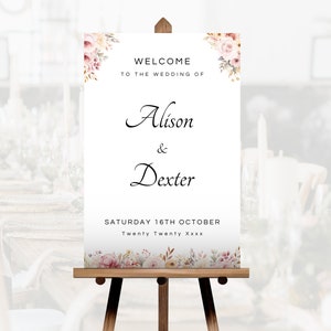 Blush Pink Wedding Welcome Sign Template, Printable Pink Floral Wedding Welcome Board, Editable Pink Roses Wedding Party Sign Download, LW01