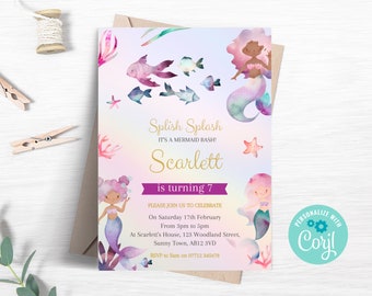 Invitación del séptimo cumpleaños de la sirena, invitación editable a la fiesta de la sirena, sirena bajo el mar, plantilla imprimible de niña púrpura rosa mágica ME01