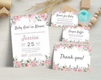 Editable Baby Girl In Bloom Baby Shower Invitation Set, Pink Floral Baby Invite Bundle, Diaper Raffle Ticket, Books for Baby Download BB02