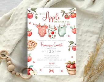 Invitación para baby shower de manzana, invitación para baby shower de otoño, tema de baby shower de otoño, plantilla de invitación editable "Manzana Roja de Nuestros Ojos", LBA32
