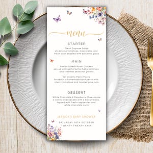 Butterflies Menu Template, Printable Butterfly Dinner Menu for Baby Shower, Download Editable Event Menu, Instant Download BU02