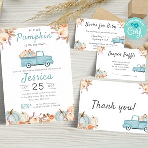Ensemble d’invitations à la fête de naissance modifiable Little Pumpkin Truck Boy, ensemble d’invitations bleu rustique pour garçon, billet de tombola pour couches, livres pour bébé BP05