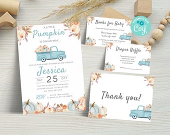 May include: A baby shower invitation with a blue truck carrying pumpkins and fall floral accents. The invitation reads "A Little Pumpkin is on his way..." and includes the name Jessica, the date Saturday, October 25th, and RSVP information.