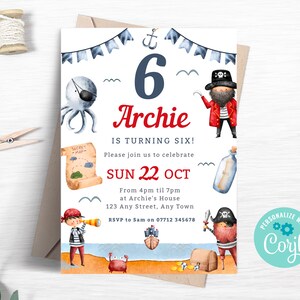 Invitación pirata del sexto cumpleaños, invitación editable a la fiesta pirata, fiesta de cumpleaños temática del mar, capitán pirata Evite, plantilla de descarga instantánea PI03