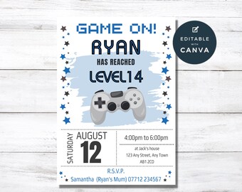 Video Game Party Invite, Gamer Boy Birthday Party Editable Invitations, Blue Gaming Party Invitation Template, VG03