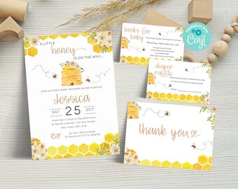 May include: A baby shower invitation with a beehive and honeycomb design. The invitation says "A Little Honey Is On The Way..." and includes the date, time, and location of the shower. There are also three smaller cards for guests to bring books, diapers, and a thank you card.