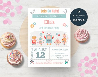 May include: A birthday party invitation with a robot theme. The invitation is blue, pink, and white with a cartoon illustration of robots. The text on the invitation reads "Lets Go Nuts! You are invited to Ella's 3rd Birthday Party. Saturday August 12, 4:00pm to 6:00pm at Ella's house 123 Any Street, Any Town AB1 2CD. R.S.V.P. Samantha (Ella's Mum) 07712 234567"