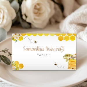Editable A Little Honey Place Cards, Bee Baby Shower Tent Table Cards, A Little Honey Is On The Way Seating Name Card, Instant Download HN01