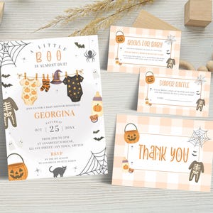 Halloween babyshower uitnodigingsbundel, een klein boe-geroep is bijna te wijten babyshower uitnodigingsset, luierloterij, boeken voor baby sjabloonset LBA30