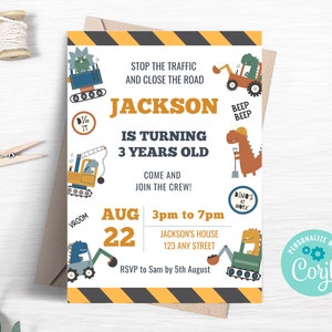Dinosaur Construction 3rd Birthday Party Invitation Dino Digger Birthday Invite Editable Instant Download Printable Template CO04