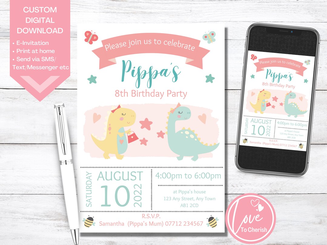 Dinosaur Birthday Invitation Girl Dino Party Invite Digital Etsy UK