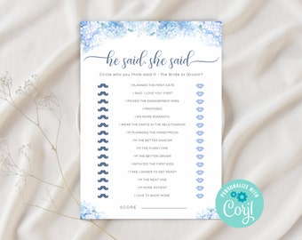 He Said She Said Hydrangea Bridal Shower Game, Editable Dusty Blue Floral Template, Editable Wedding Shower Printable HB01