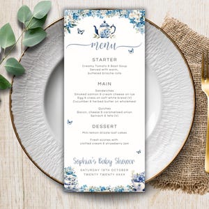 Nachmittagstee Menüvorlage, blau druckbares Menü für Tee-Dinner-Party, bearbeitbares Menü für Jungen-Babyparty, benutzerdefiniertes Ereignismenü, Sofort-Download LBA01