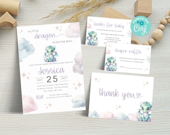 Editable A Little Dragon Invitation Bundle, Dragon On The Way Baby Shower Invite Pack, Gender Neutral Baby Dragon Invite Set DG01
