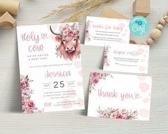 May include: Pink and white baby shower invitation with a watercolor illustration of a cow wearing a floral crown. The invitation says "Holy Cow! We're having a baby girl!" and includes the name Jessica, the date, and RSVP information.