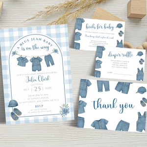 Blue Jean Baby Is On The Way Invitation Bundle, Editable Boys Denim Baby Shower Invite, Diaper Raffle, Books for Baby, Thank You Card LBA33