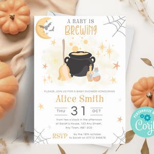 A Baby is Brewing Invitation, Orange Halloween Baby Shower Invitation, Editable Baby Girl Boy Shower Invite, Instant Download Template HA13