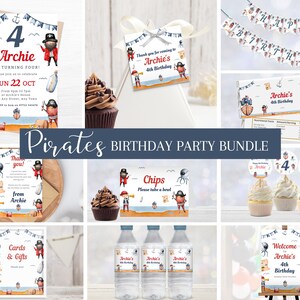 Könnte beinhalten: Ein druckbares Piraten-Geburtstagsparty-Paket in Blau und Weiß. Das Paket beinhaltet Einladungen, Dankeskarten, Cupcake-Topper, ein Willkommens-Schild, ein Chips-Schild, Wasserflaschenetiketten und ein Banner. Das Design zeigt einen Cartoon-Piraten mit einem roten Bandana und einer schwarzen Augenklappe.